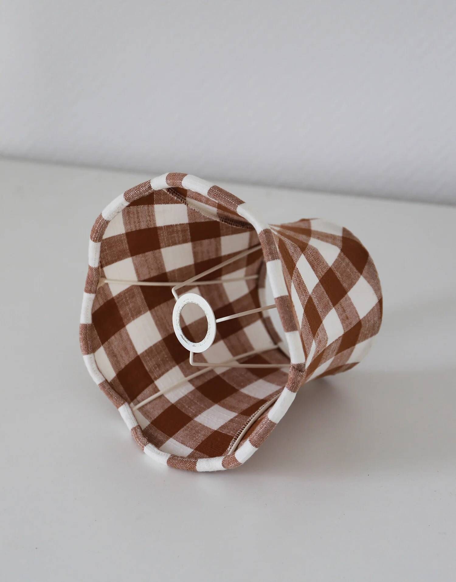 Recycled vintage lamp — brown ceramic base, terracotta gingham shade