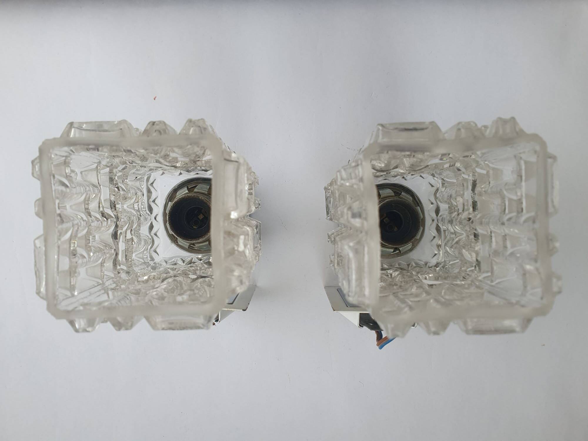 Pair of vintage chrome wall lights with square globes, Italian Targetti, 1970