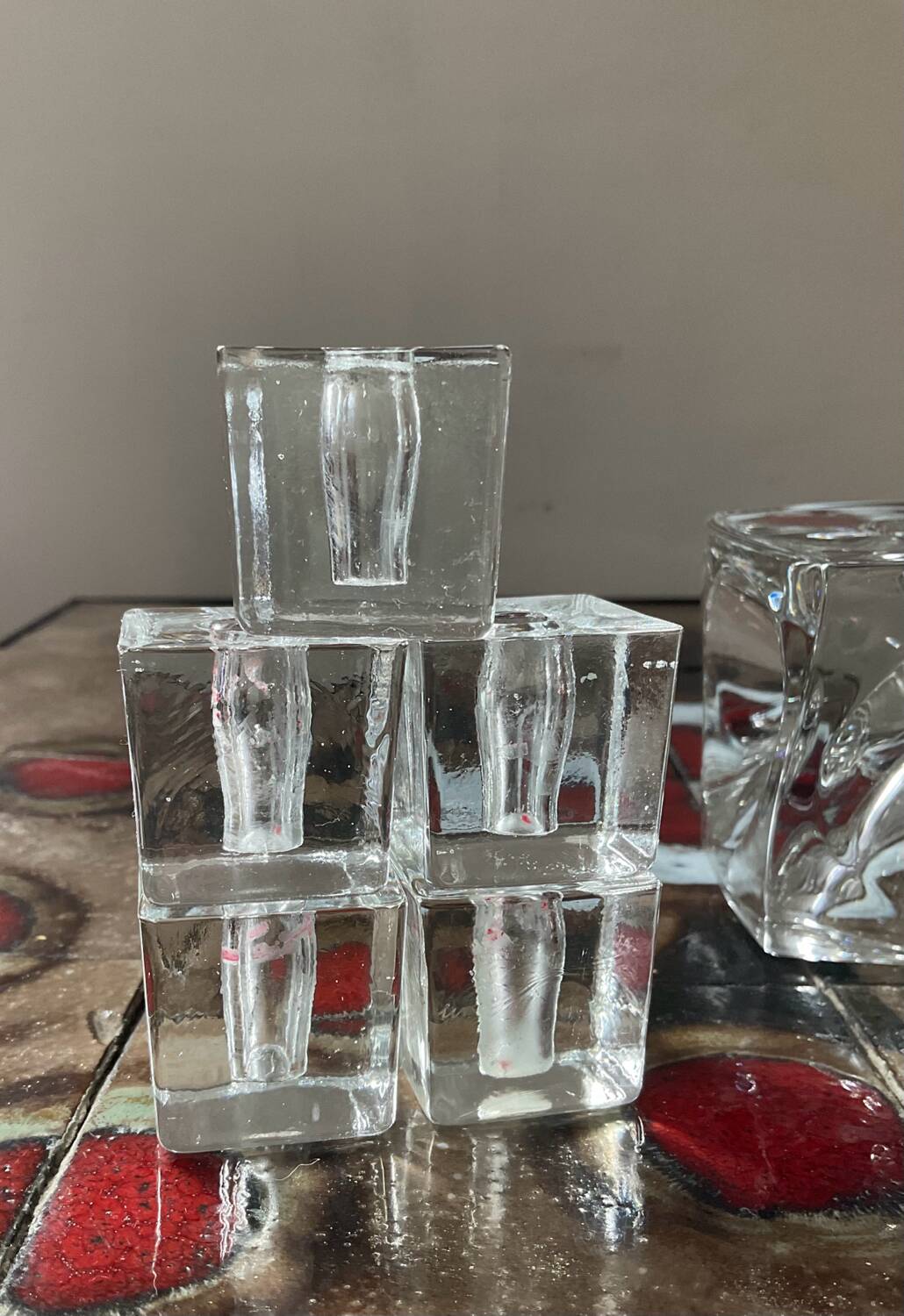Series of 6 vintage cube candlesticks in molded glass