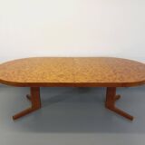 Vintage round dining table from the 60s 70s in solid wood mosaic teak and walnut with extension