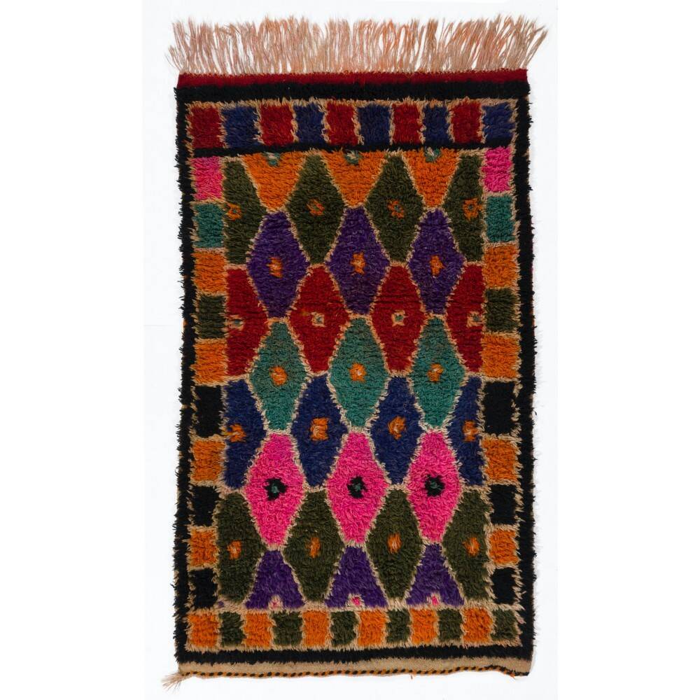 Colorful Vintage Hand-Knotted Turkish Tulu Rug with Geometric Diamond Design, 100% Wool