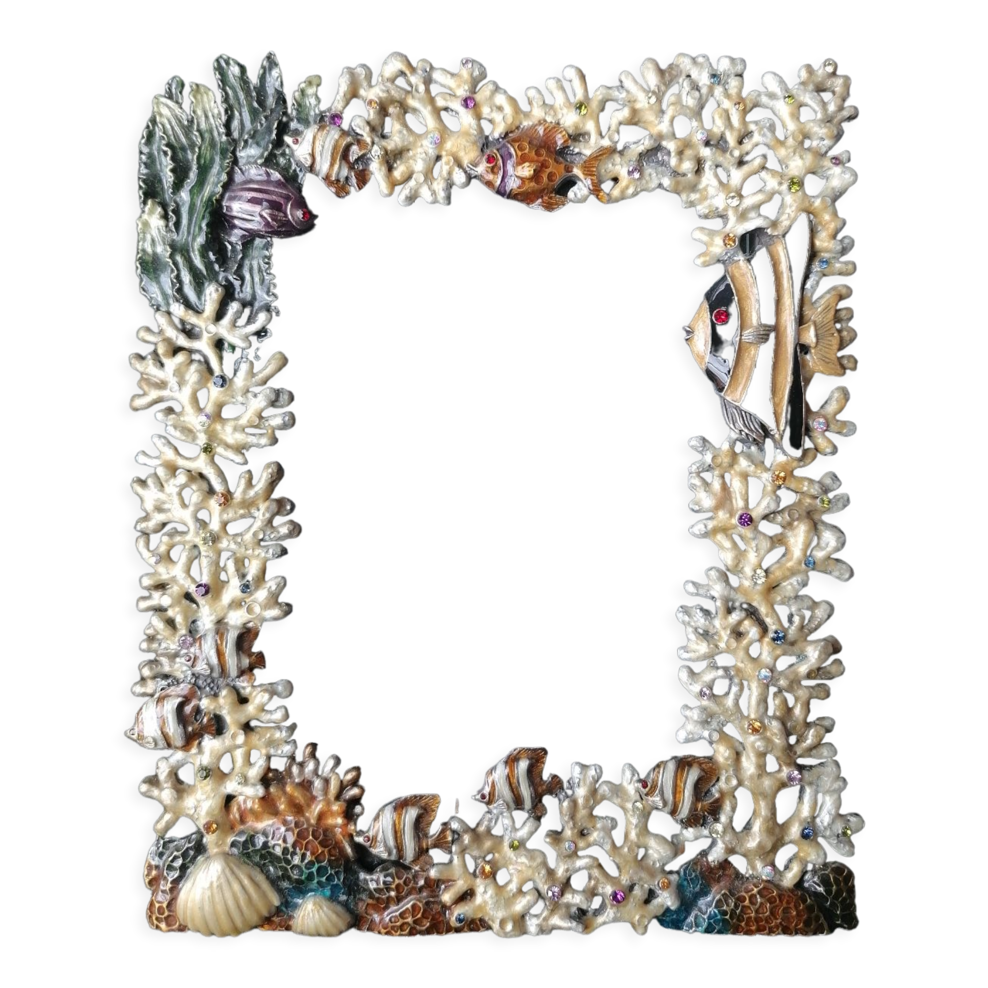 Enamelled metal photo frame. Fish décor. Perfect condition