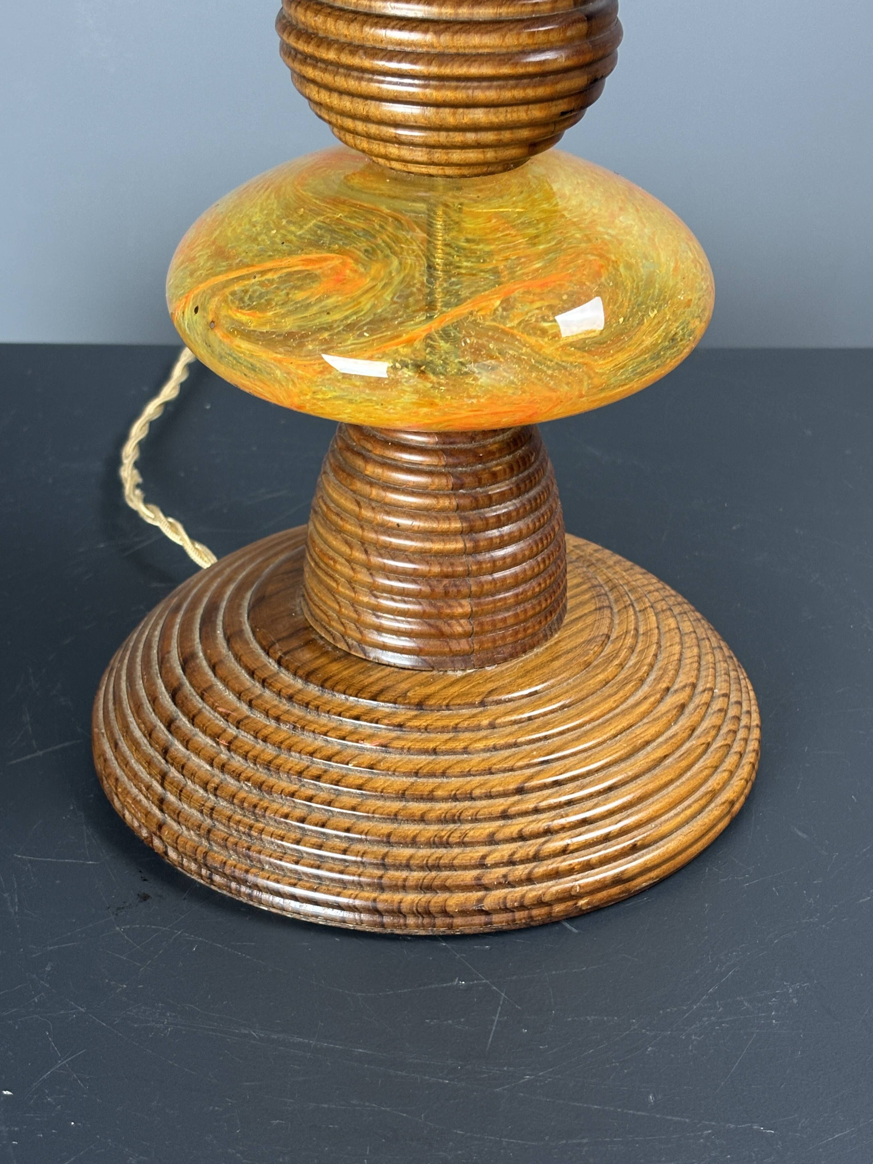 Midcentury wood turned adjustable table lamp with glass sphere, 1970s