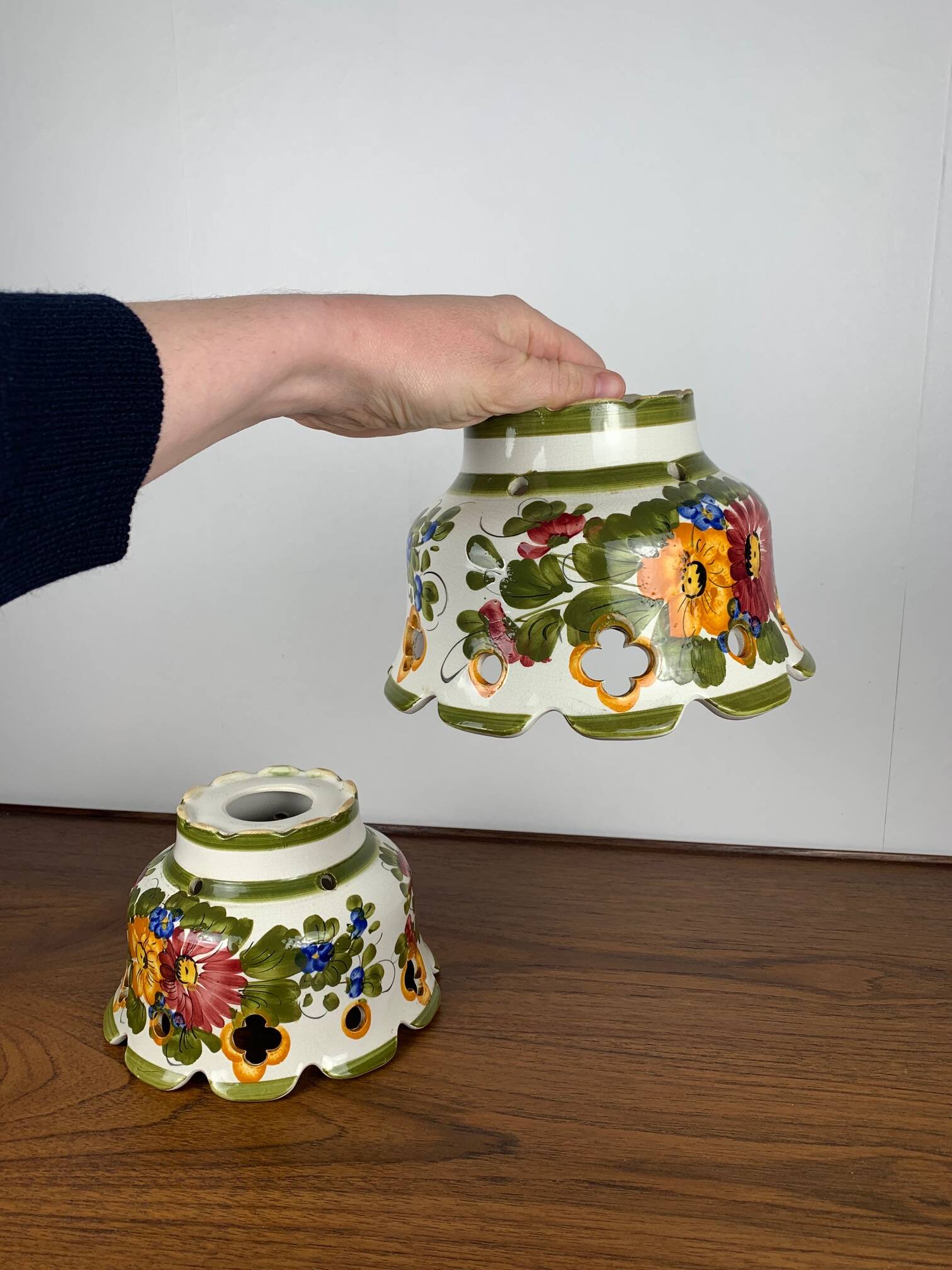 Pair of hand-painted ceramic pendant lights, 1980