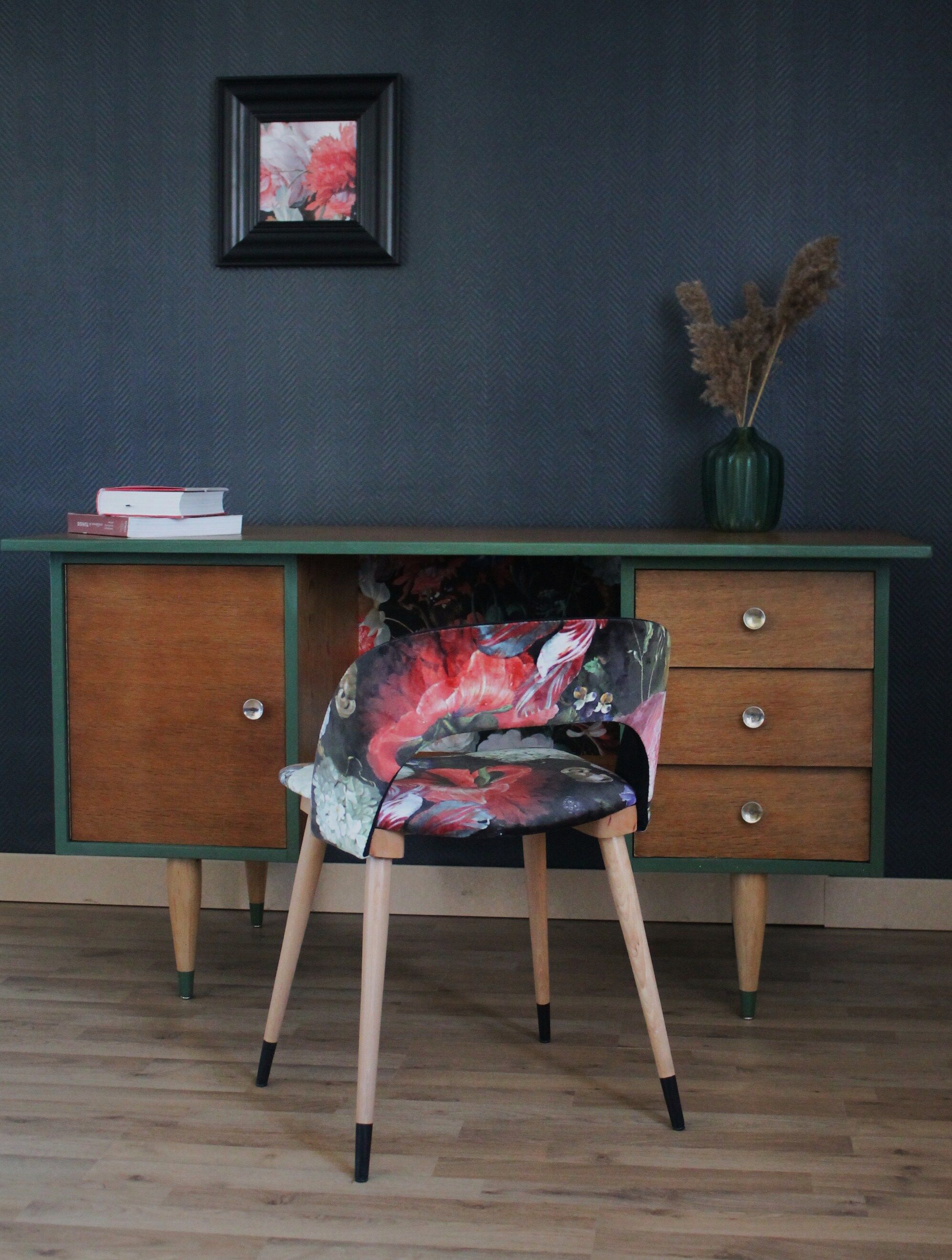 Restored office, 60/70 year, forest green and ancient flowers