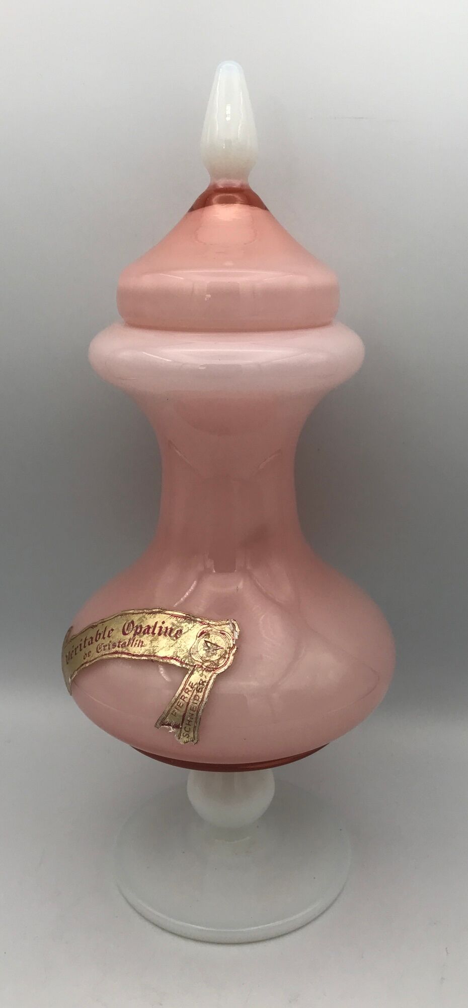 Old bonbonnière in opaline glass pink and white p. schneider 28 cm
