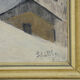 Impressionist painting of an alpine cabin in winter.