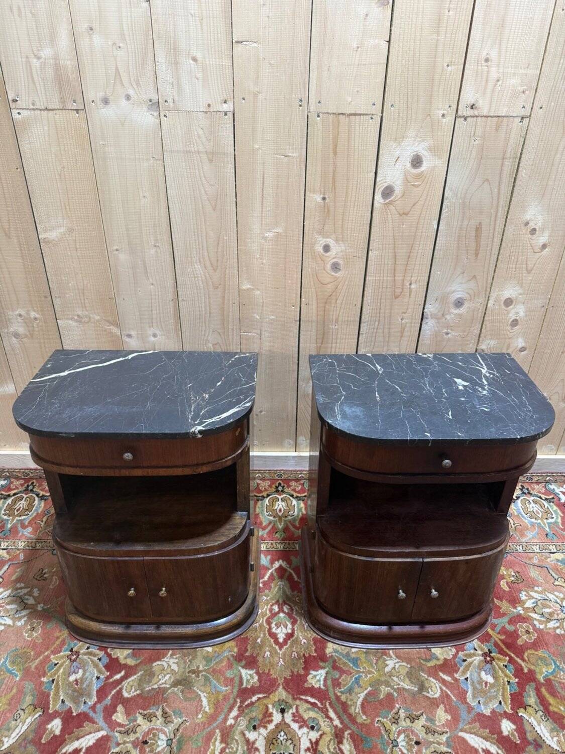 Pair of Art Deco bedside tables with marble.