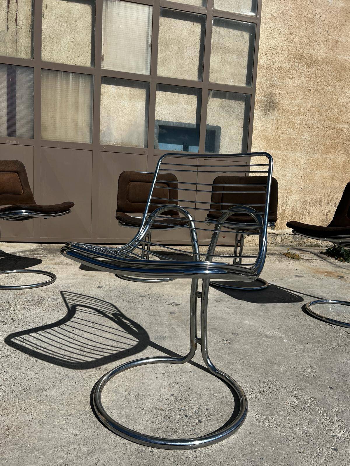 Set of 6 vintage Gastone Rinaldi style chrome steel chairs