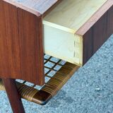 Modernist Danish teak bedside tables with rattan shelves, set of 2