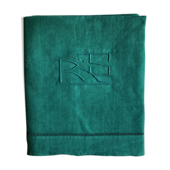 Old sheet in pure white emerald green washed linen