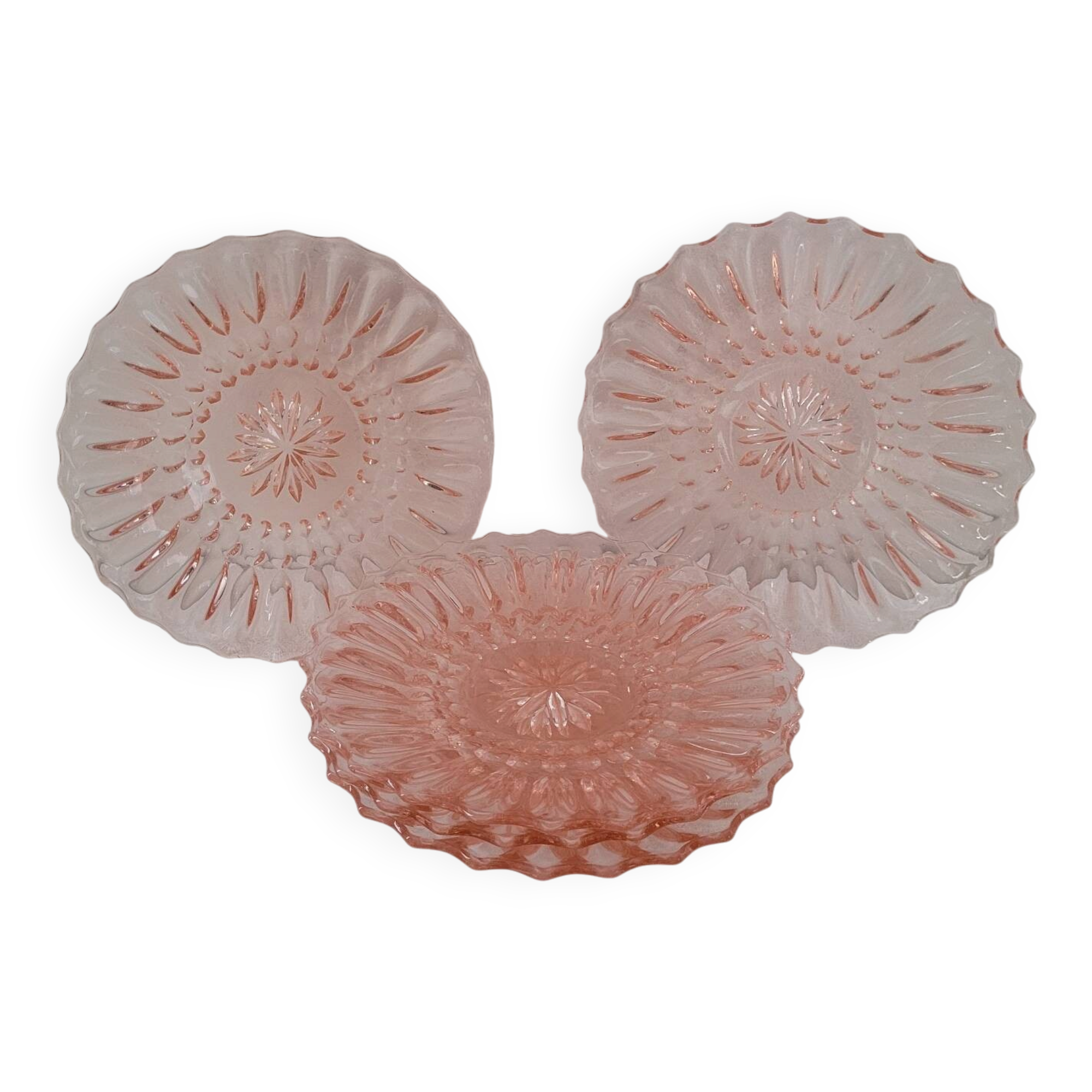 Art Deco Pressed Glass Dessert Plates in Pink — Circa 1930