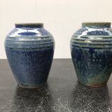 Paire de vases ancien grès émaillé bleu vintage