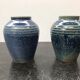 Pair of old vintage blue enamelled stoneware vases
