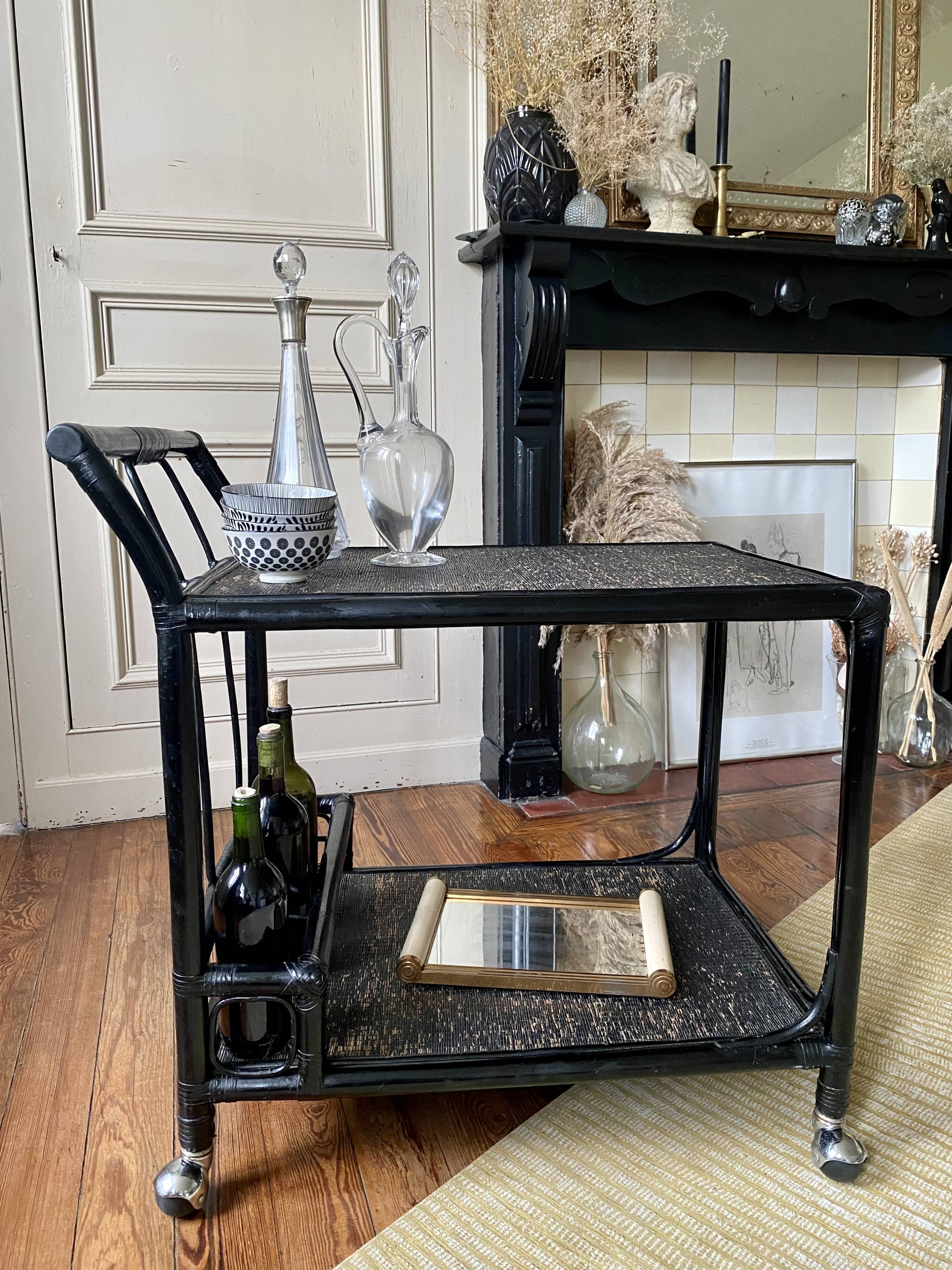 Black service in wood and rattan 70s