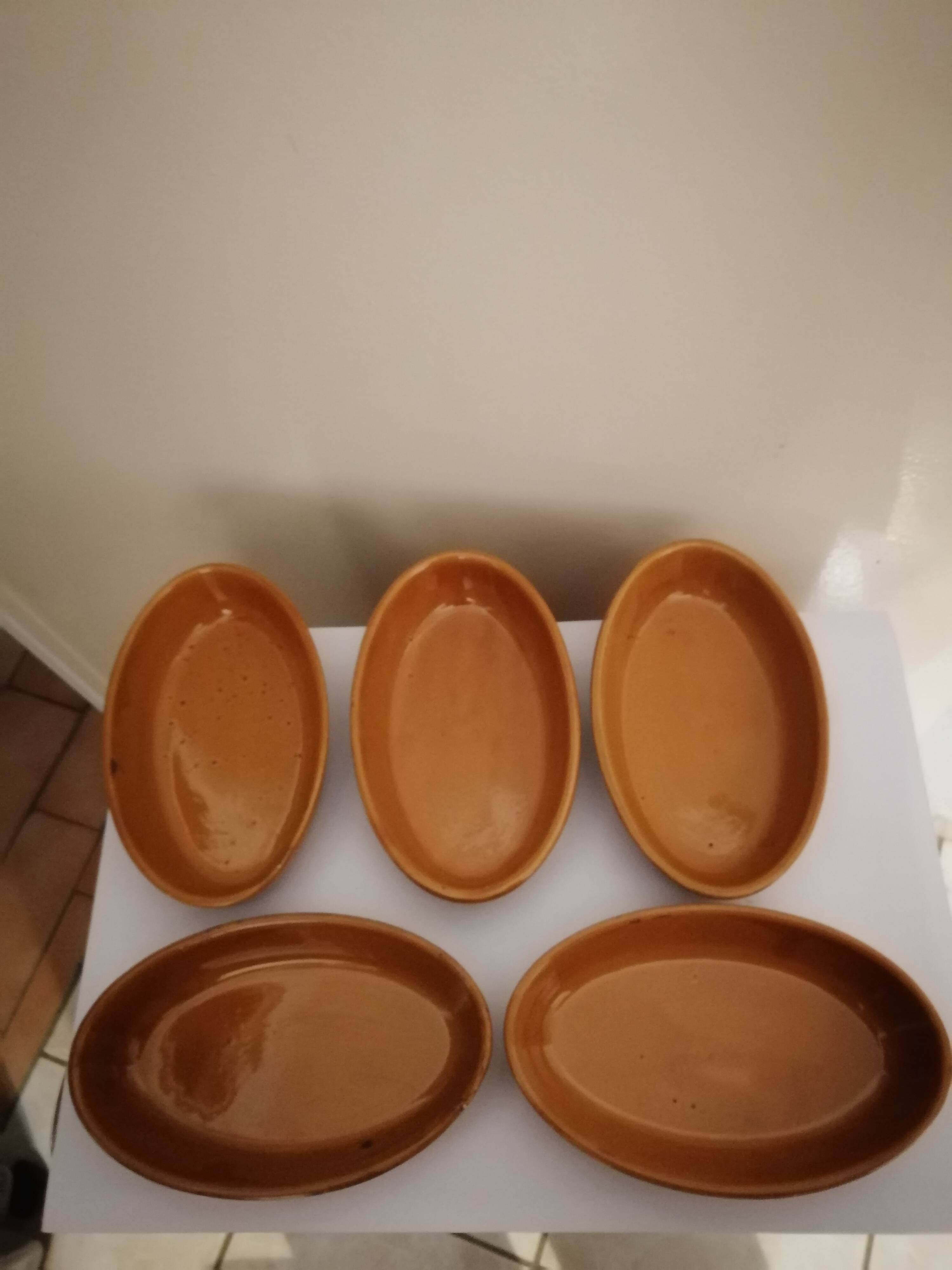 Set of 5 small old enameled terracotta dishes