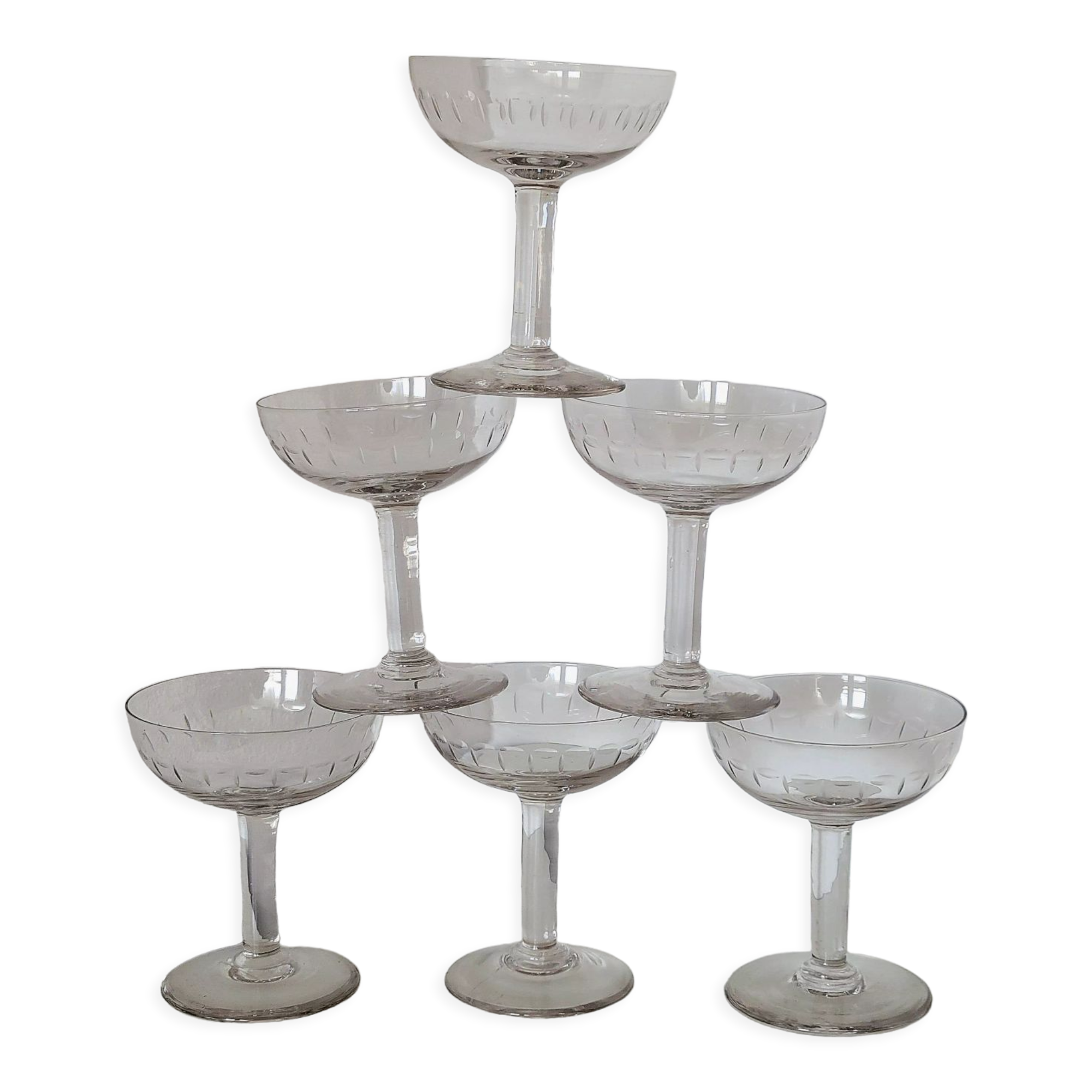 6 old champagne glasses 1930 in blown and cut glass