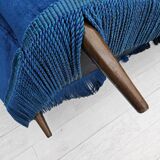 1960s, Danish 3-seater curved sofa, blue furniture velour, beech wood legs.