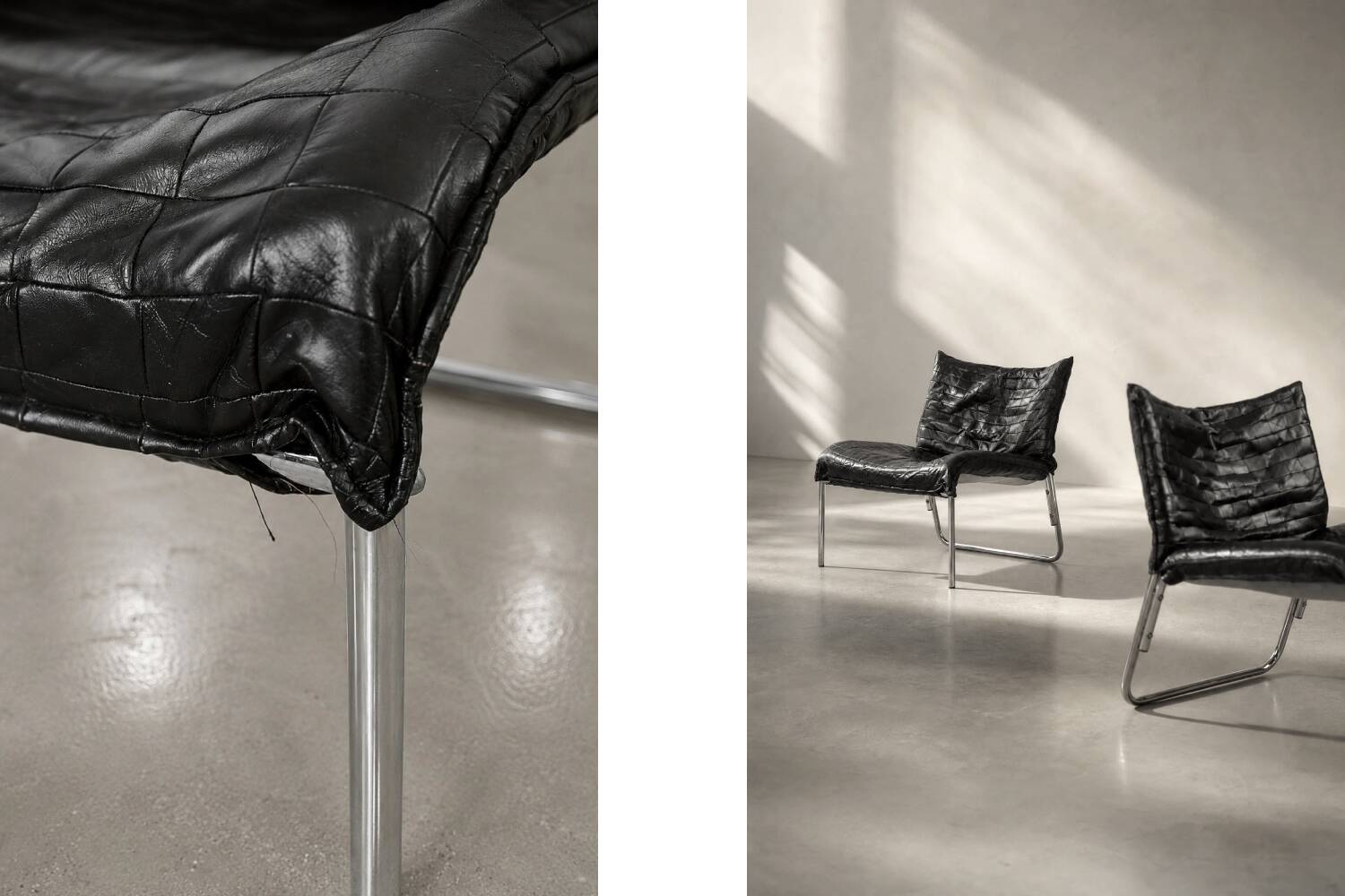 Chaises longues en cuir noir patchwork suédoises modernes du milieu du siècle d'IKEA