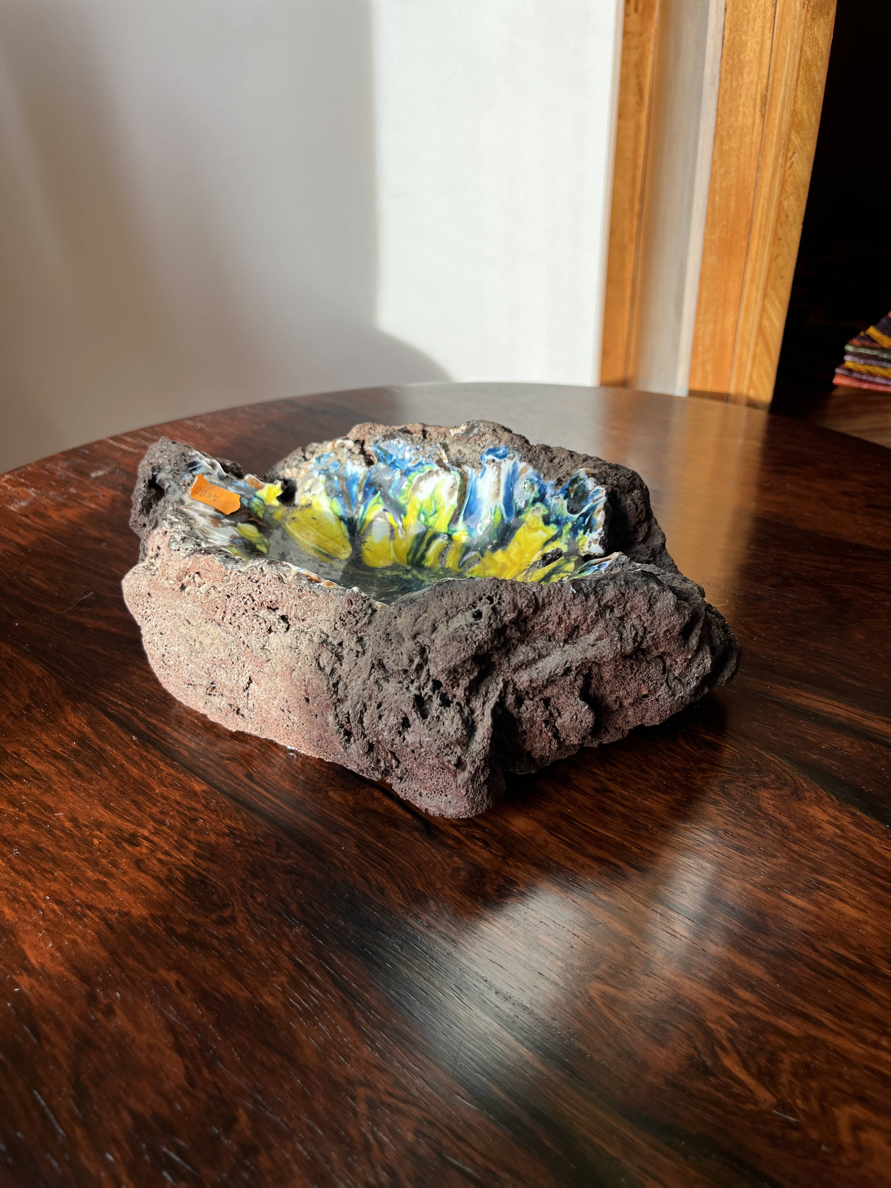 Brutalist vintage enameled volcanic lava trinket dish