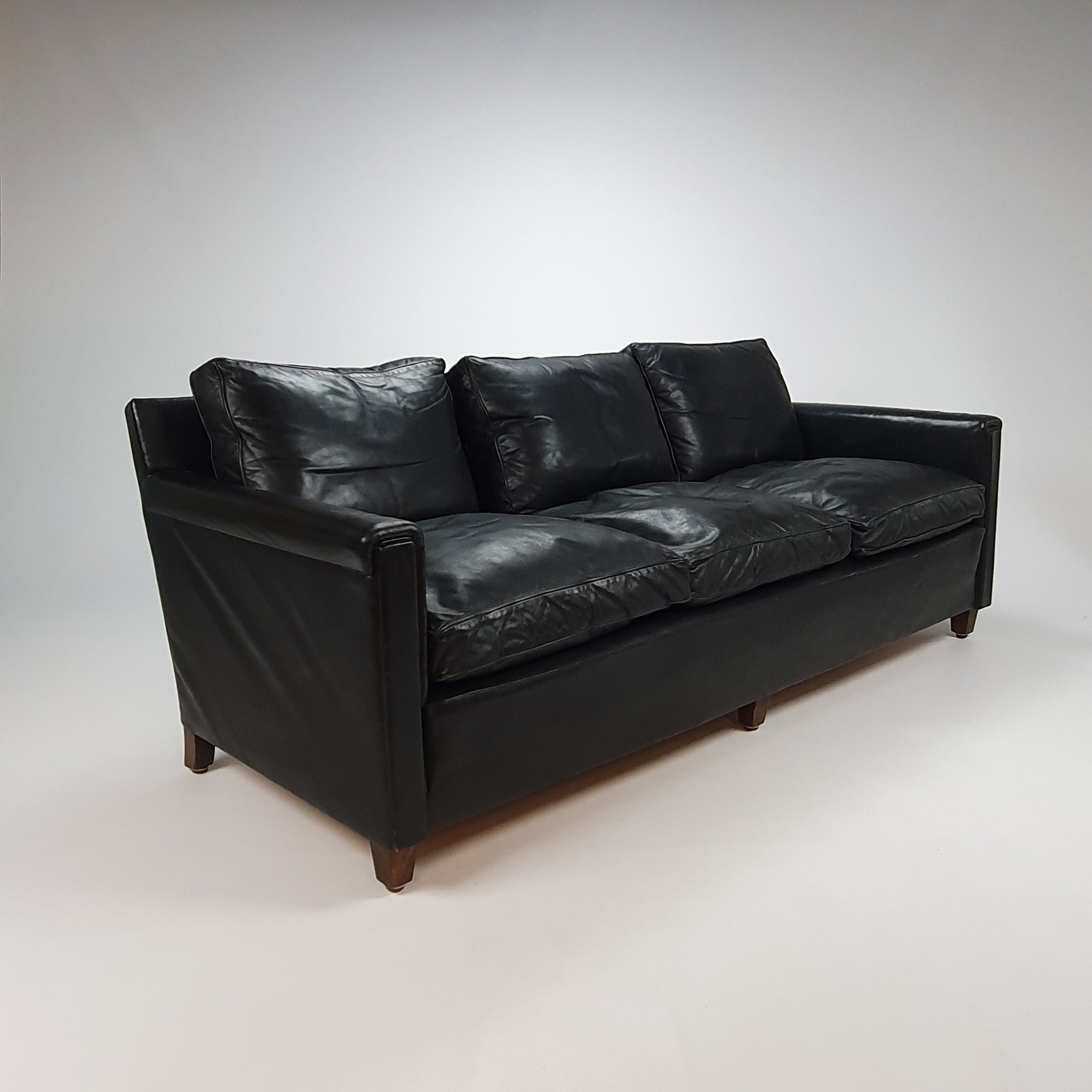 Mid century black leather scandinavian 3 seats sofa, 1950