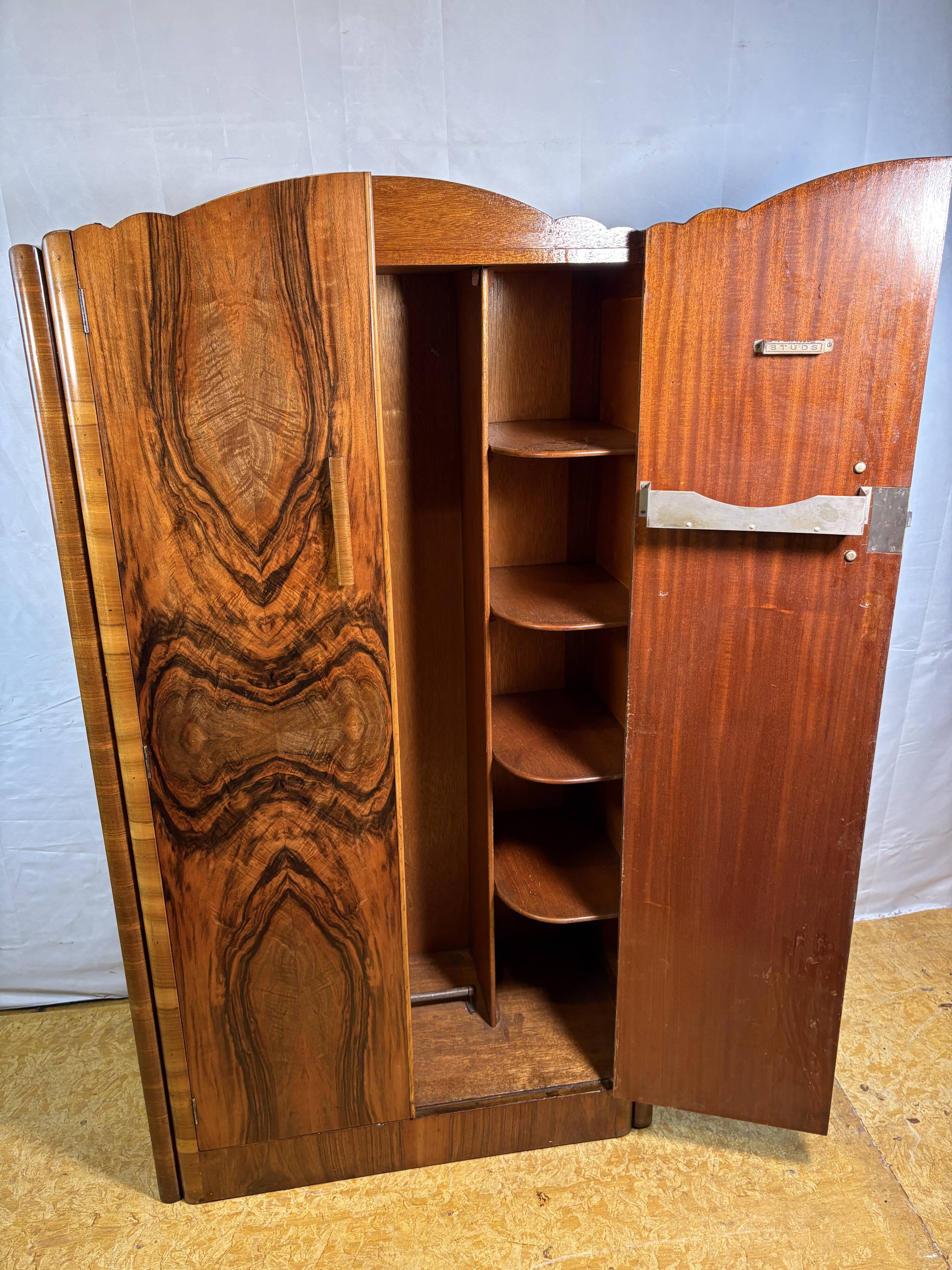 Art Deco Vintage 1930s  Figured Walnut Wardrobe Bookmatched Fitted Interior