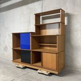 Asymmetrical golden oak display case bookcase Oscar vintage furniture from the 60s