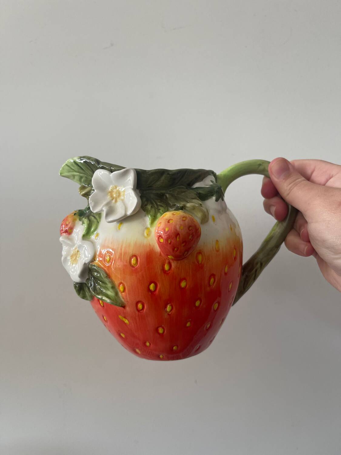 Strawberry shaped pitcher with vintage flowers ceramic pitcher in shape