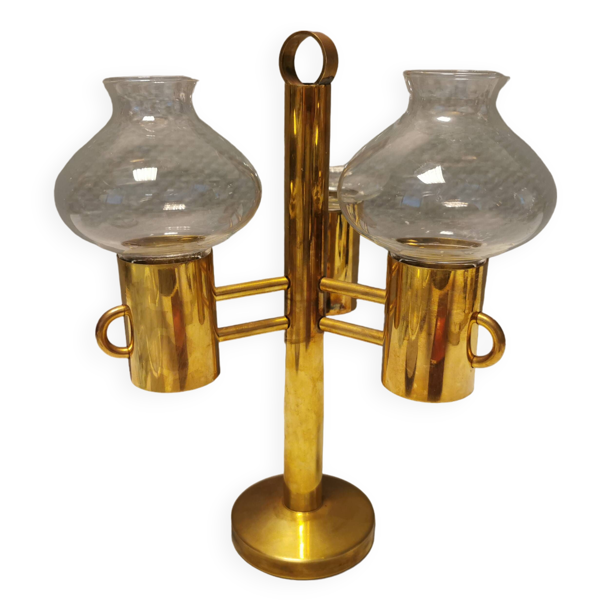 Bougeoir en laiton avec abat-jour en verre translucide fabriqué par Norway Candle Design années 1960