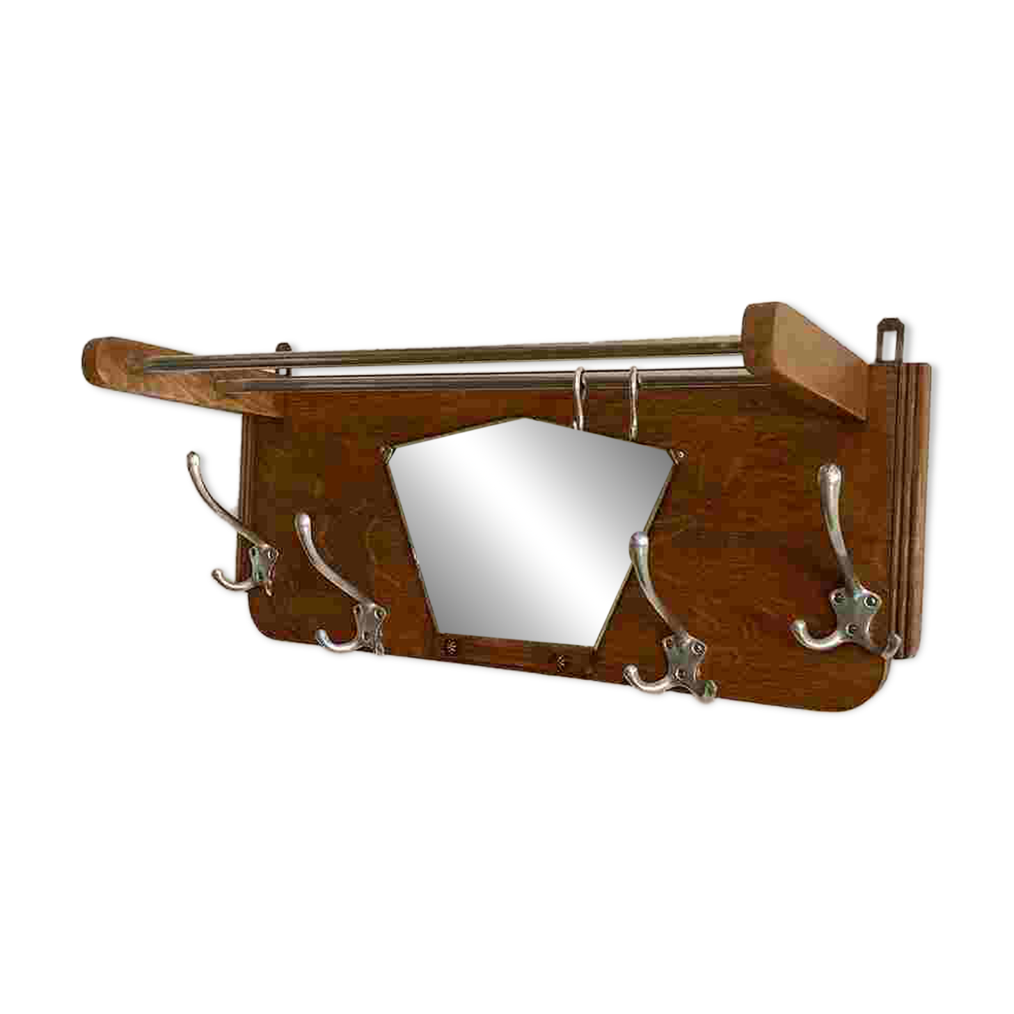 Wall-mounted wardrobe with 4 hooks in wood and aluminum with beveled trapezoid mirror