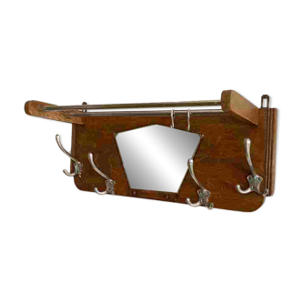 Vestiaire mural 4 patères en bois et aluminium avec miroir trapèze biseauté