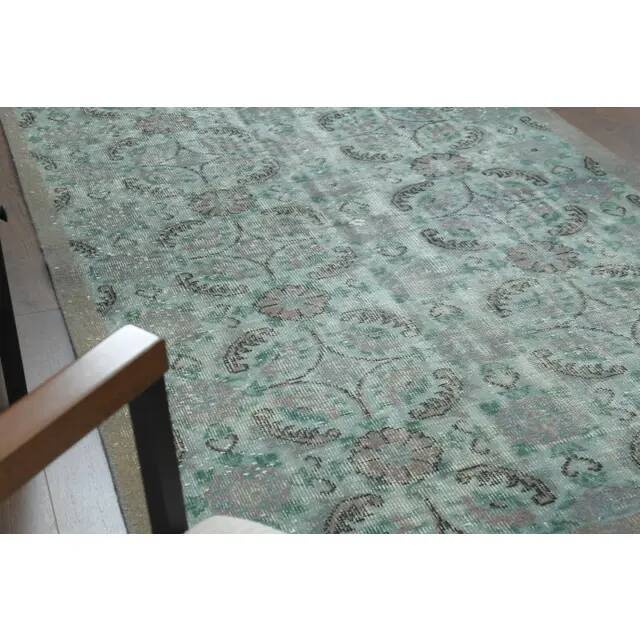 1970s vintage Turkish hand-knotted wool cotton green area rug 196x224