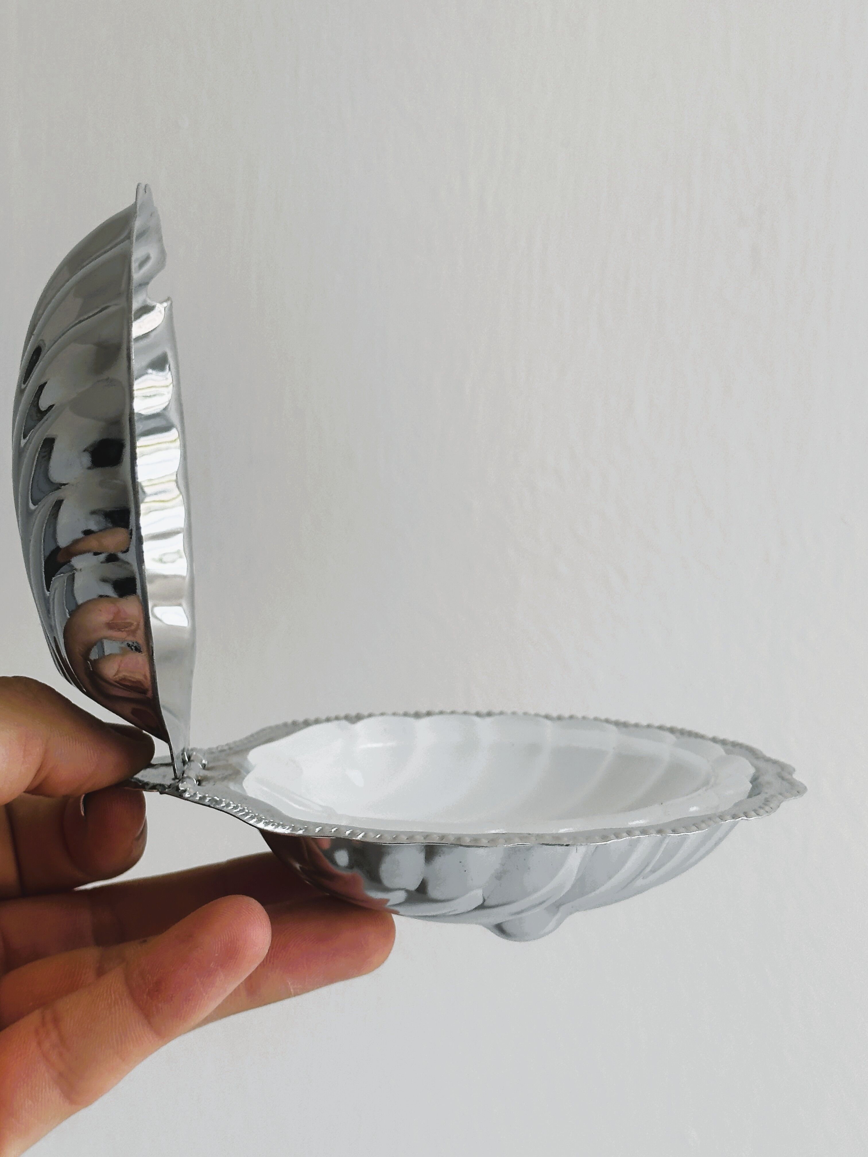 Antique shell butter dish in white glass and metal