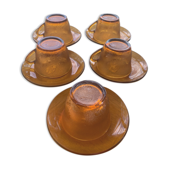 5 cups and 5 saucers in glass color ocher vintage 1970 arcoroc france