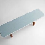 Rustic Art Deco Wooden Bench with Blue Top, France, 1930s