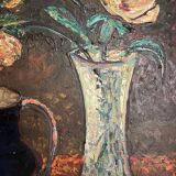 Nature morte avec une cruche bleue et des tulipes