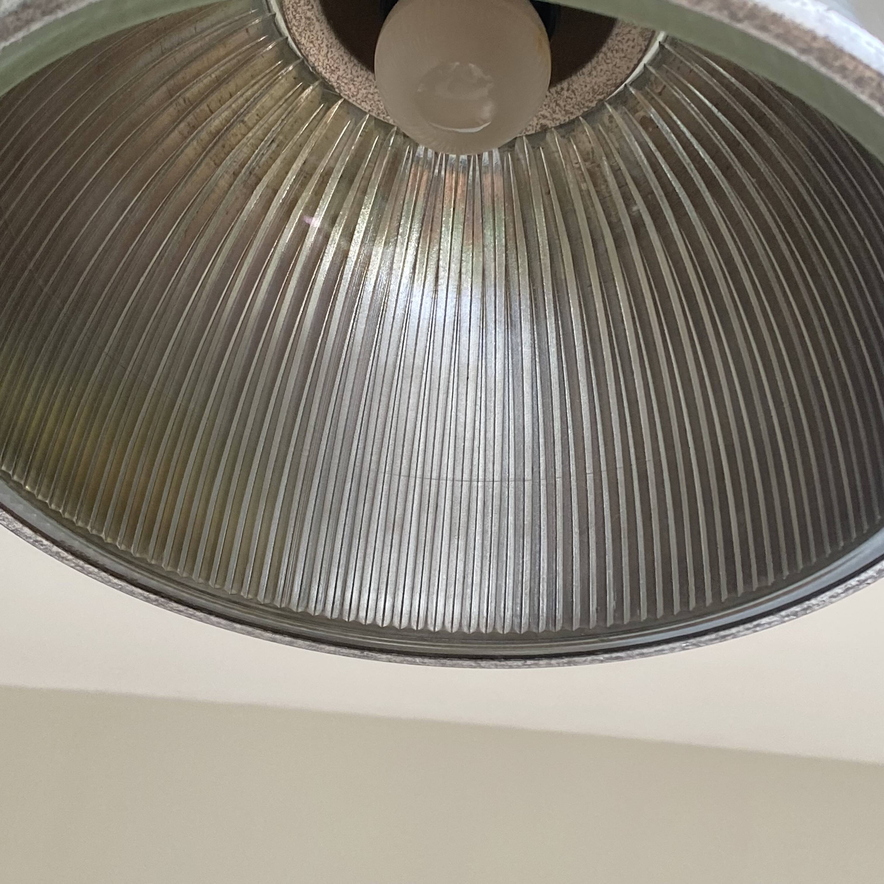 Industrial ceiling pendant light in aluminum and holophane-type glass