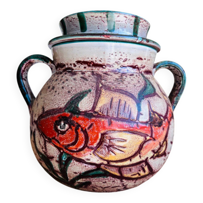 Grand pot en céramique décor poisson – pièce artisanale peinte à la main