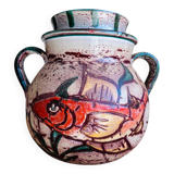 Grand pot en céramique décor poisson – pièce artisanale peinte à la main