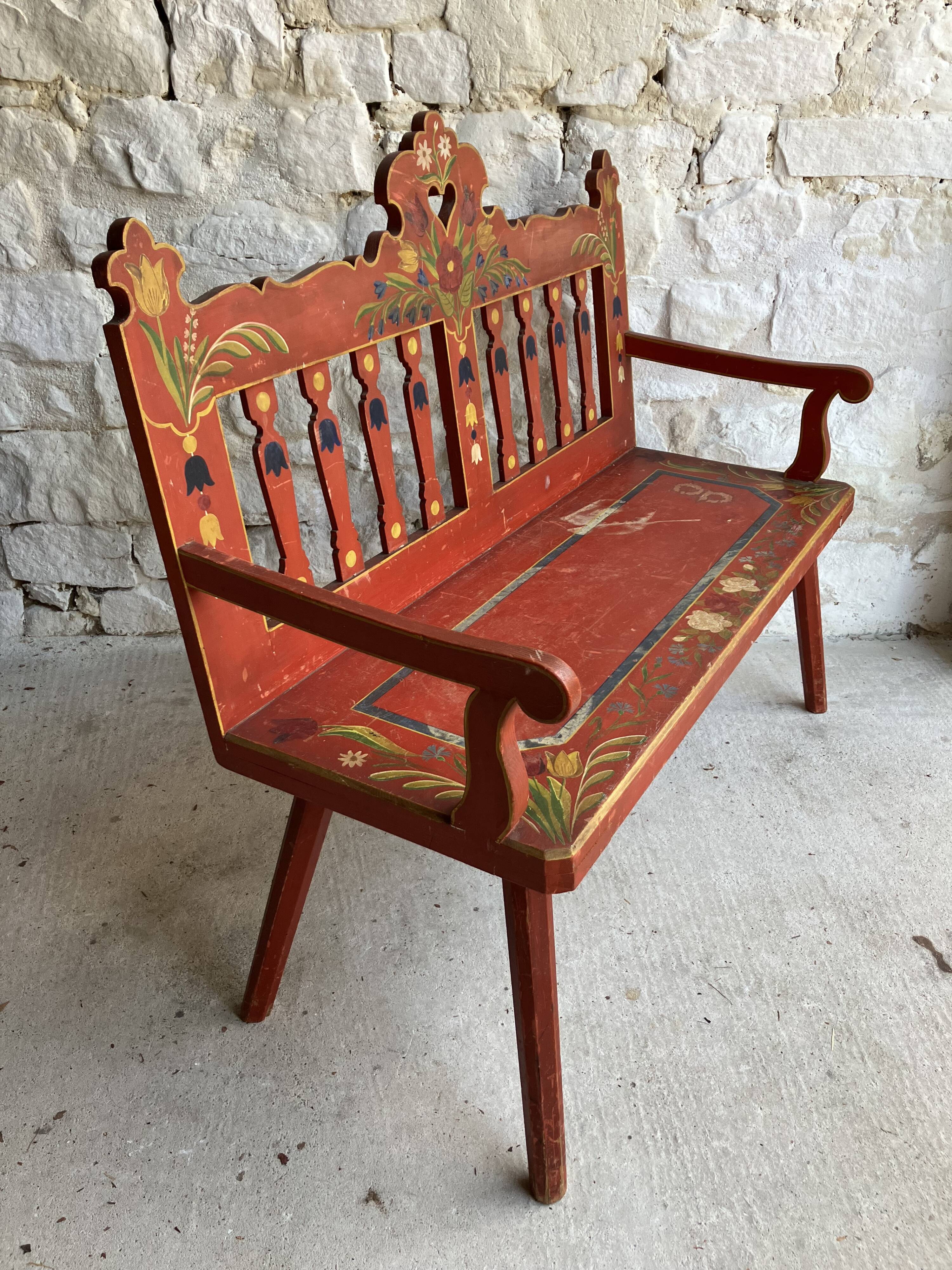 Folk bench in painted wood - Eastern Europe probably Hungary - early 20th century