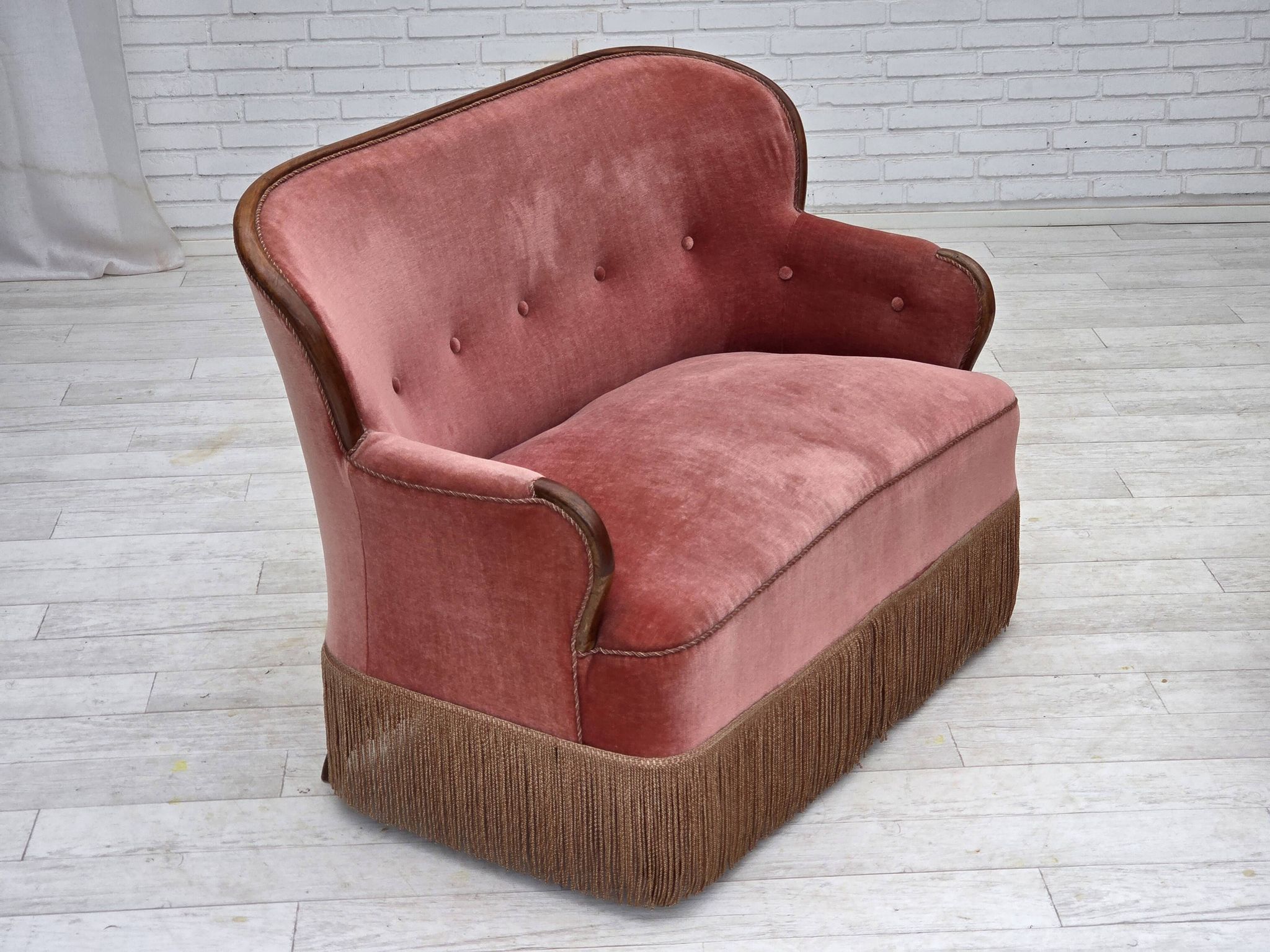 1930s, Danish 2-seater sofa, salmon pink furniture velour, ash wood.