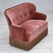 1930s, Danish 2-seater sofa, salmon pink furniture velour, ash wood.