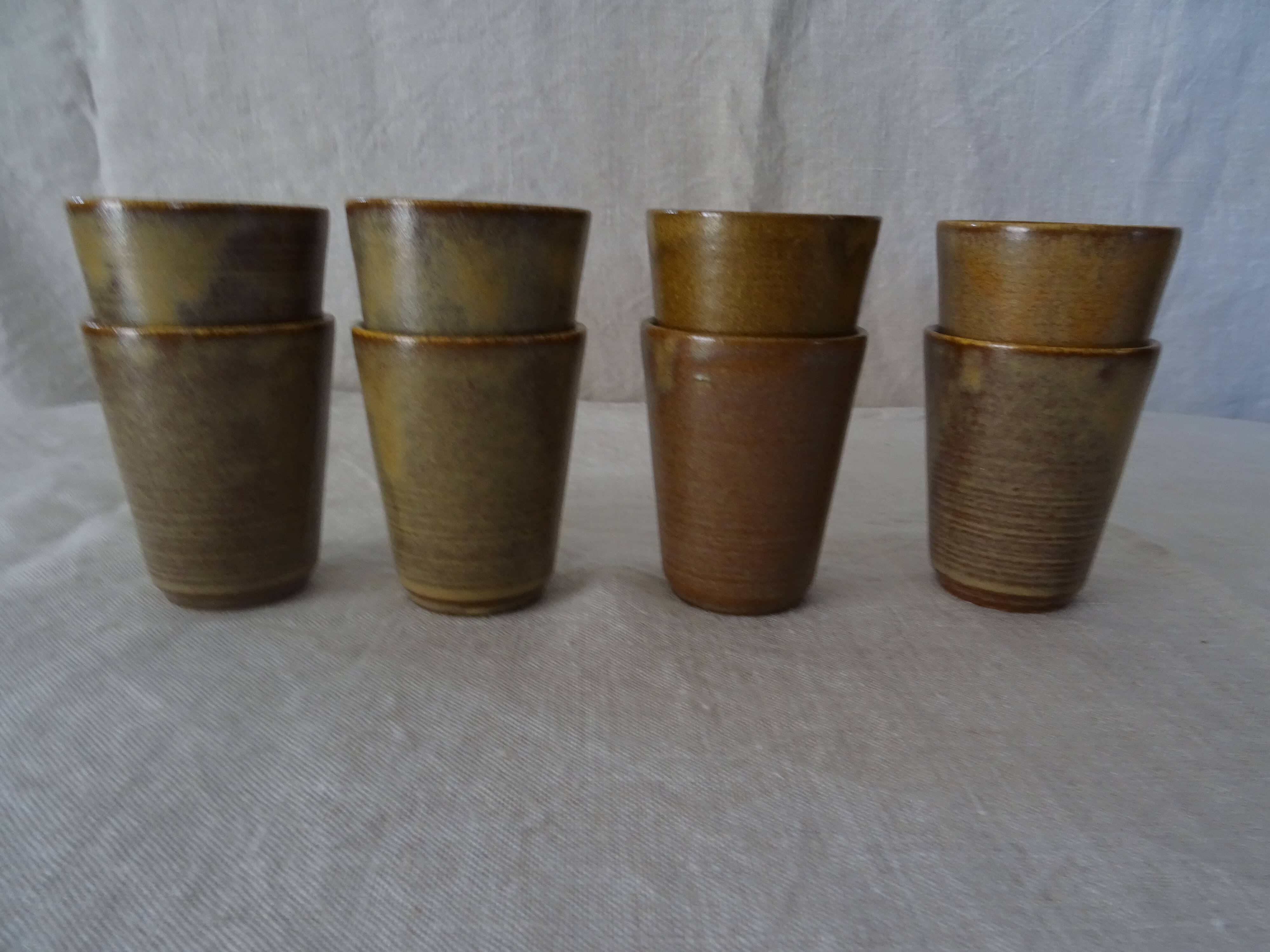 Lot 8 glasses sandstone cups stamped Digoin mug vintage cup