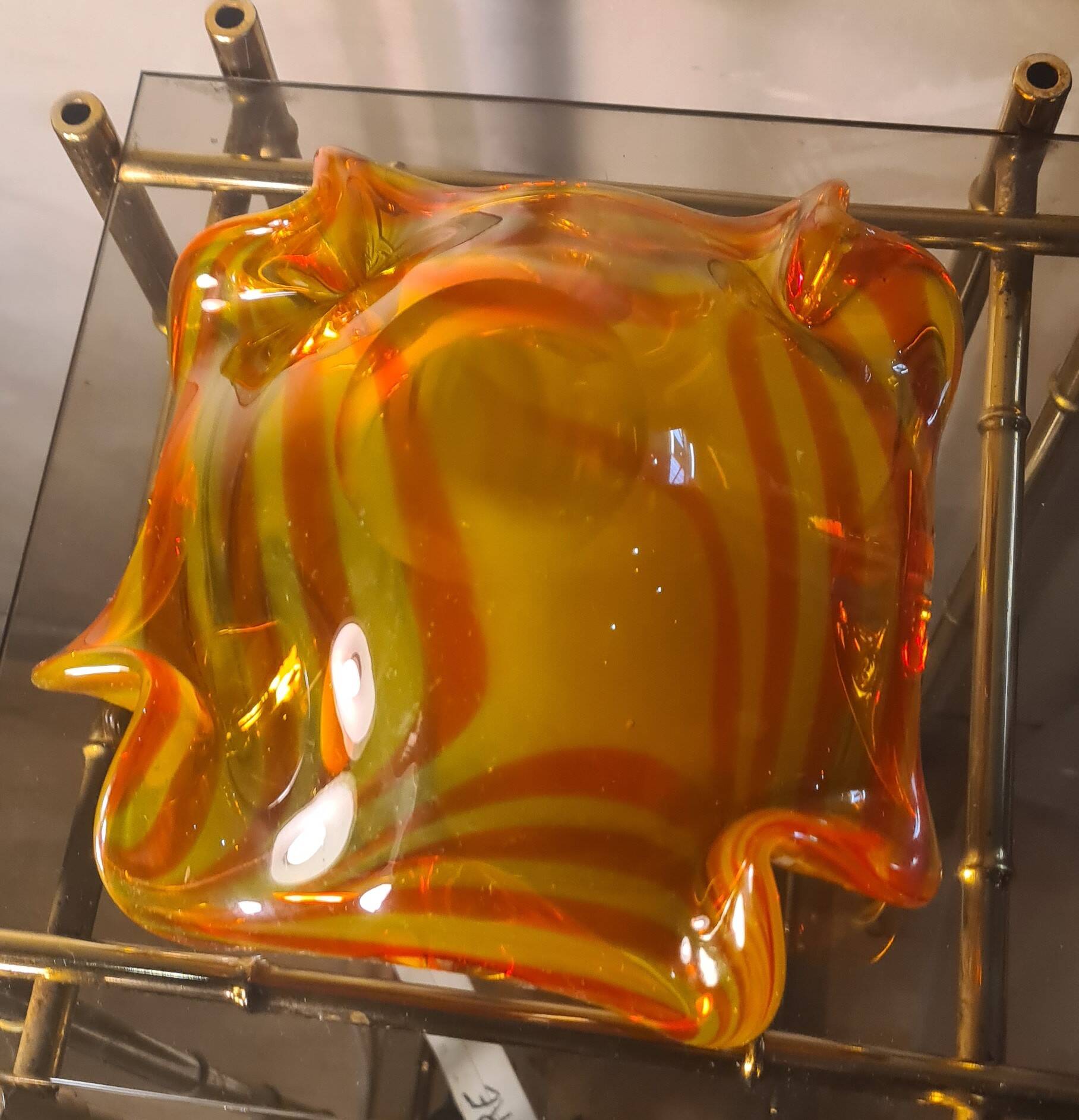 empty pocket, thick glass ashtray, yellow and red, 20x20xh 9cm, Murano Venice 1970,,