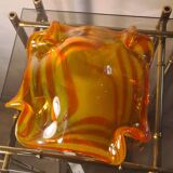 empty pocket, thick glass ashtray, yellow and red, 20x20xh 9cm, Murano Venice 1970,,