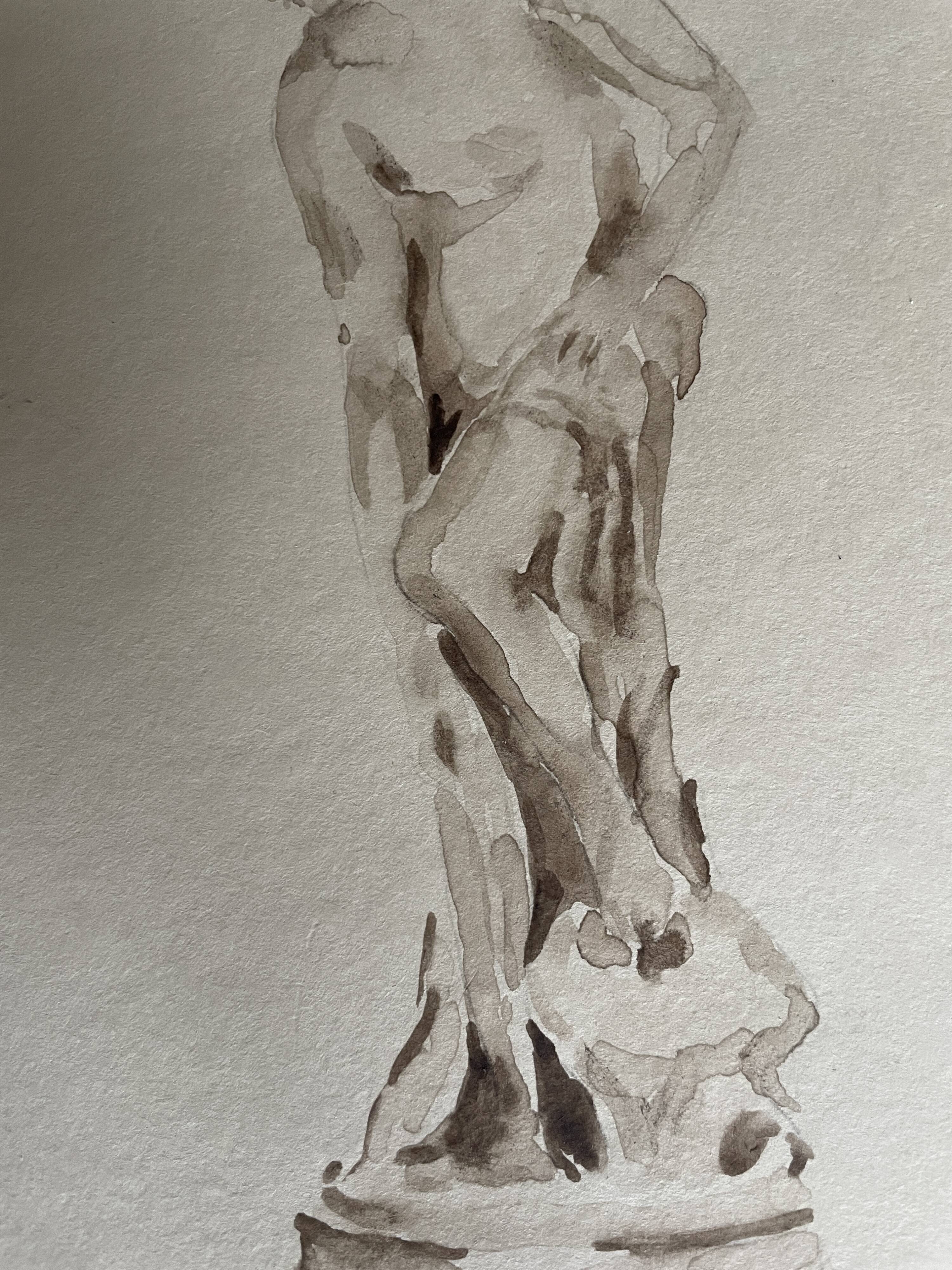 Tableau signé aquarelle monochrome étude dessin statue musée classique « sortie du bain »
