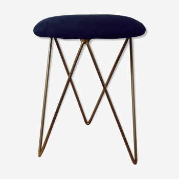 Tabouret pieds Eiffel laiton gainé peau bleu marine