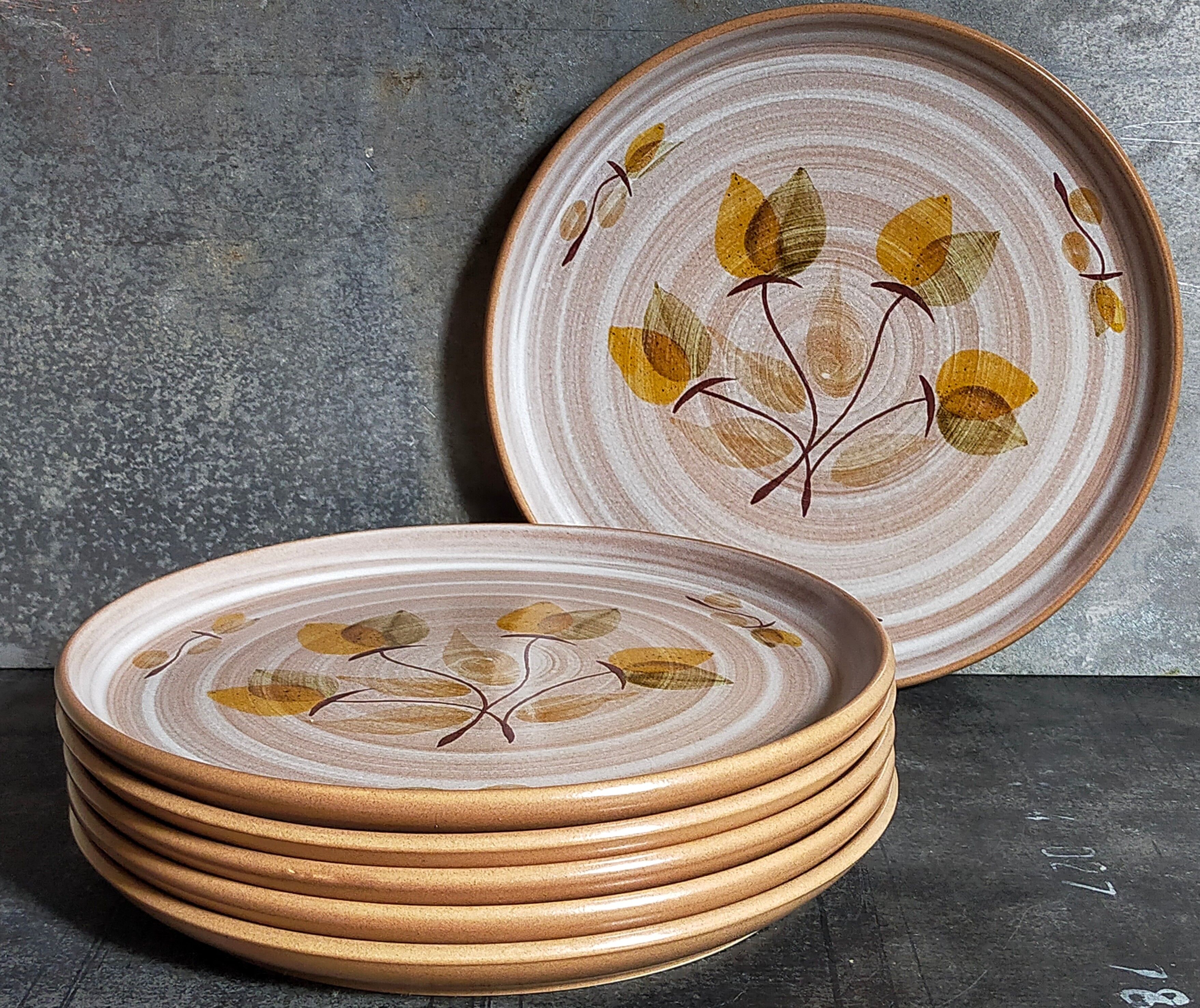Six Niderviller stoneware plates with vintage plant décor