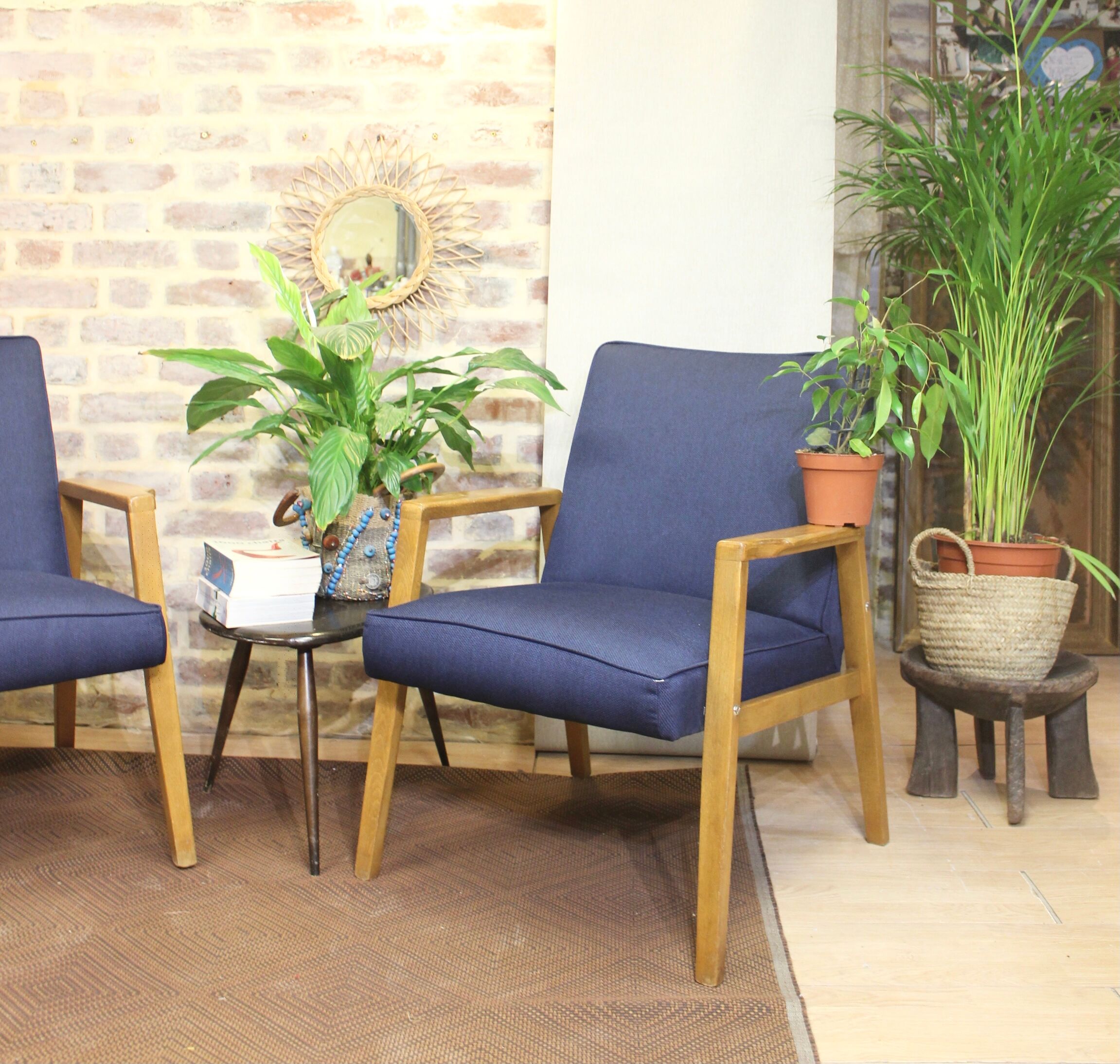Pair of Scandinavian armchairs 60s restored deep blue gloved fabric.