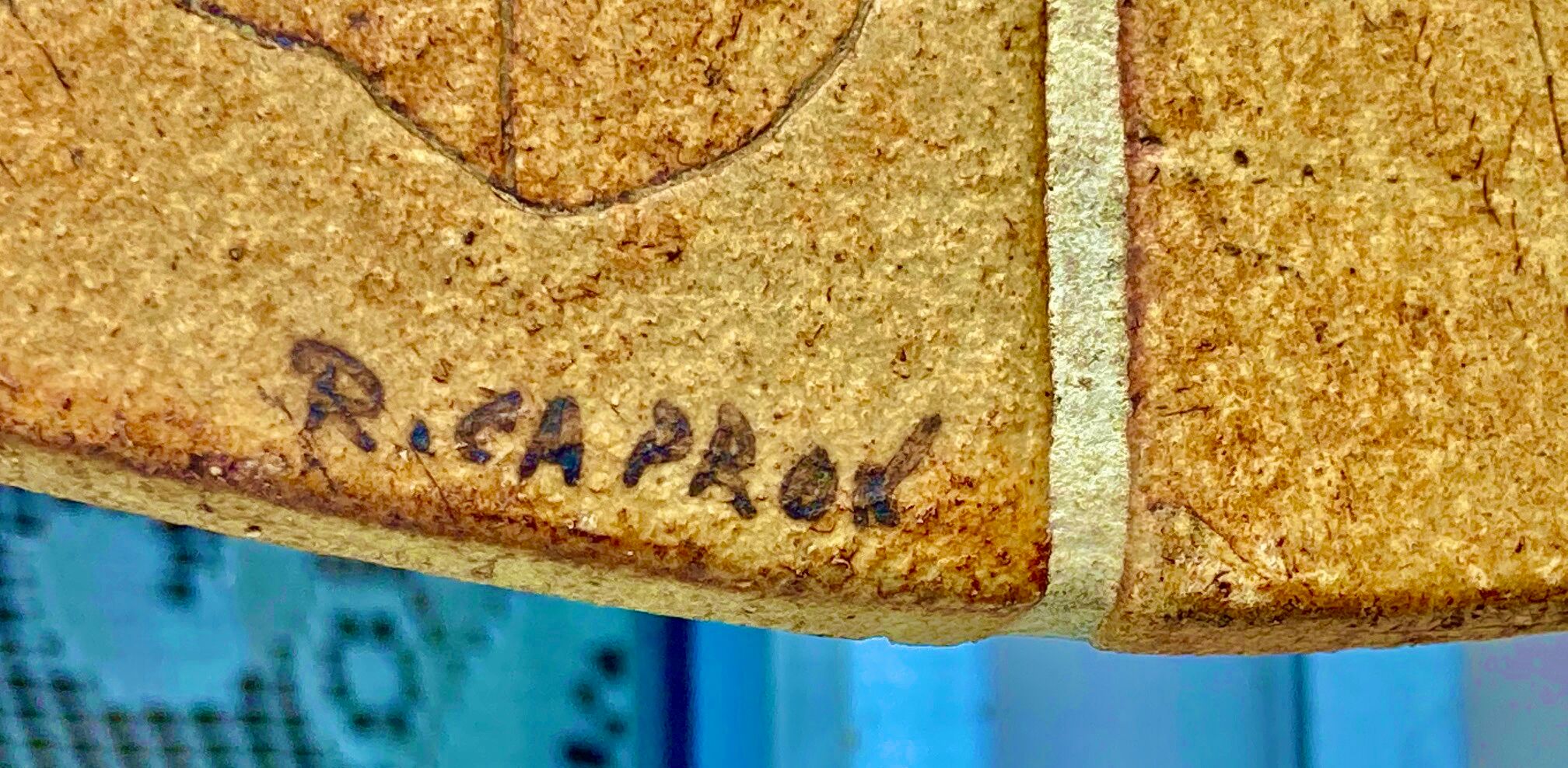 Round ceramic mirror decorated with leaves, signed Roger Capron, 50